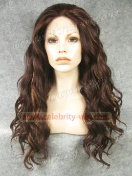 Heidi Klum Supermodel Long Wavy Auburn Highlight Synthetic Lace Front Wig