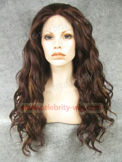 Heidi Klum Supermodel Long Wavy Auburn Highlight Synthetic Lace Front Wig