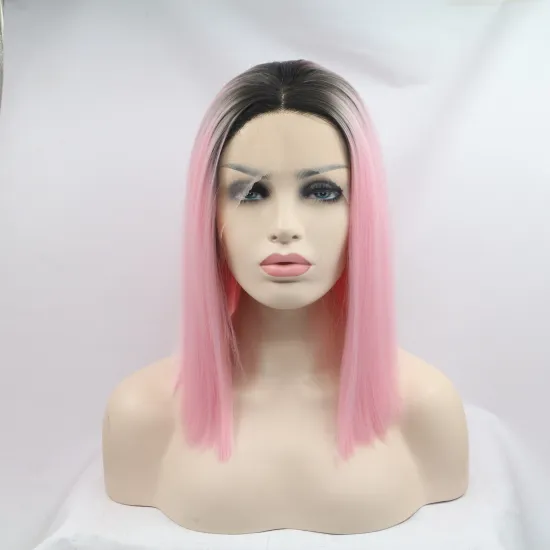 Straight Bob Ombre Lovely Pink Wig Synthetic Black Color Wig Short Pixie Cut Lace Front Wig Women 16 Inch Middle Part