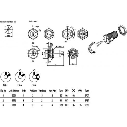 19mm 2-3 Position Electric Shutter Key Switch