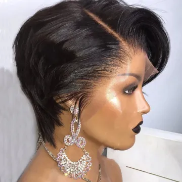 Short Bob  Pixie Cut Wig Straight Human Hair T Part Transparent Lace Wig Side Part Wig For Women Preplucked Hairline