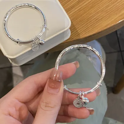 Wholesale Sterling Silver Round Stick Xiangyun Coin Bell Bracelet for Newborn Baby Gifts