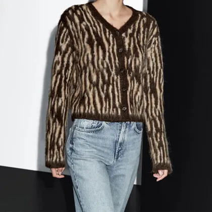 Women's alpaca animal striped cardigan