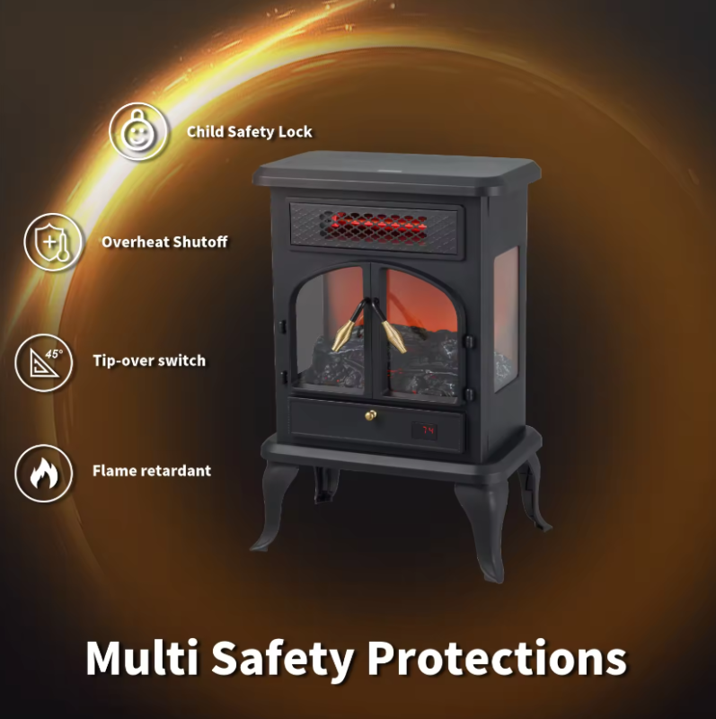 Electric Stove Heater 1400W Freestanding Fireplace With Wood Stove Flame Effect - Two Doors