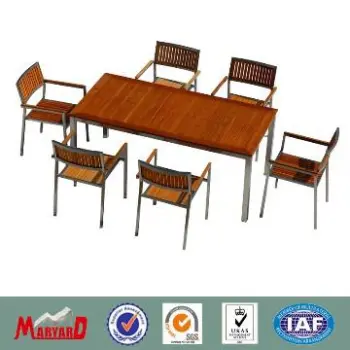stainless steel and teak dining table and chair