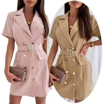 Womens Double Breasted Belted Blazers Short Sleeve Tuxedo Jacket for Office