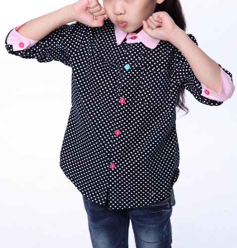 Girls' fashion dot printed pink contrast collar shirt