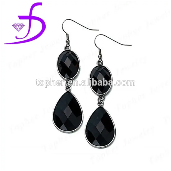 Wholesale jewelry 925 Silver pear shaped black stone bead earrings