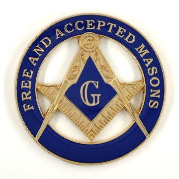 Golden Blue Masonic AF & AM Compass and Square Round Car Emblem: Unique Auto Decal for Freemasons