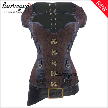 Gothic Brown Jacquard 12 Steel Boned Steampunk Corset Ring Buckle Plus Size Leather Bustier Tops Cheap