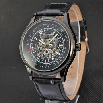 Automatic leather strap skeleton mens sport watches
