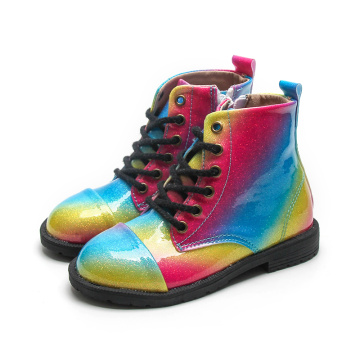 Botas de couro de patente de glitter da moda do arco-íris