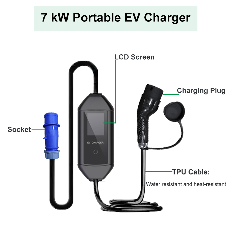 7 kW Wechselstromtragbares EV -Ladegerät LCD -Display