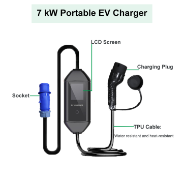 7KW एसी पोर्टेबल टाइप ईवी चार्जर एलसीडी डिस्प्ले