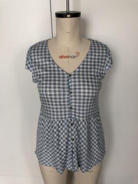 V-neck checked patchwork blouse