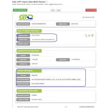 Dữ liệu nhập khẩu vải Ấn Độ