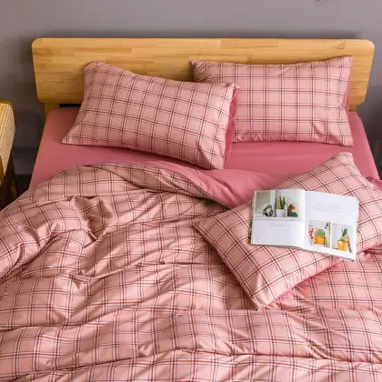 Japan Style Pink Grid Quilt Cover Bedding Set