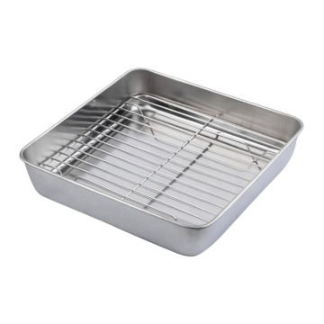 Stainless Steel Square Casserole Dish Baking Mould Roasting Tray with Grid for Fruits, Biscuits, BBQ, and Bread