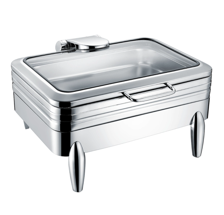 Square stainless steel chafing dish in restaurant