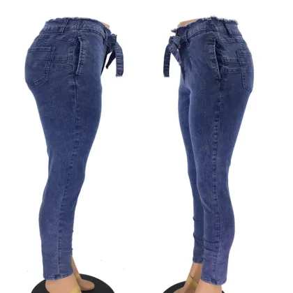 Stretch Fit Denim Lace-up Raw Edge Mid Waisted Jeans for Women