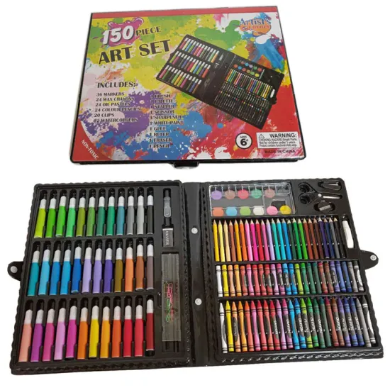 150PCS Kids Art Set: Wood Case Coloring and Drawing Stationery Box