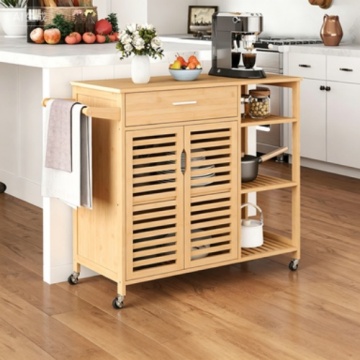 Multi-Tier Bamboo Food Cart with Doors and Drawers