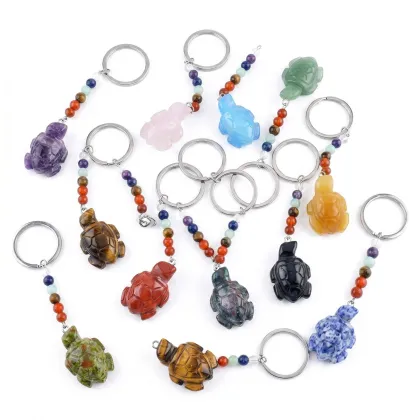 Natural Stone Carved Turtle 7 Chakra Pendant Charm Keychains Gemstone Turtle Pendant Keyring Crystal Turtle Keychain Bag Tags