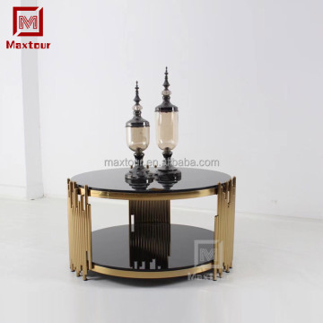 Luxusgold Edelstahl und schwarzes Glas rund Wohnzimmer Couchtisch
