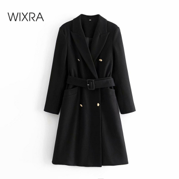 Wixra Spring Autumn New Women's Wool Blend Trench Coat Office Lady Cool Black Long Outerwear With Belt For Female