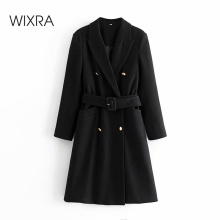 Wixra Spring Autumn New Women's Wool Blend Trench Coat Office Lady Cool Black Long Outerwear With Belt For Female