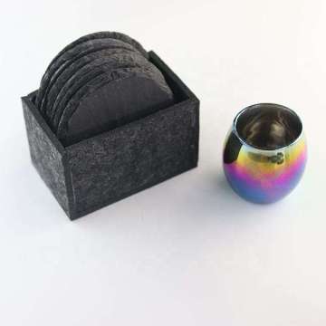 8-Pack Slate Stone Round Black Coasters with Felt Holder - 4 Inches