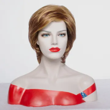 Wholesale natural  stort mix golden and  brown fibre synthetic hair wigs for women