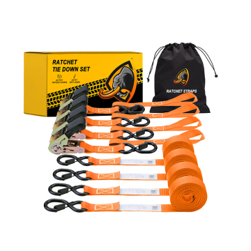 Ratchet Tie Down Set with 15ft Rubber Coated Handles and S Hooks - 4 Pack