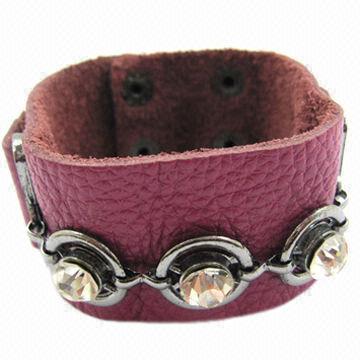 PU Leather Wide Bracelet in Rose Color, Wrapped with Clear Large Acrylic Stone