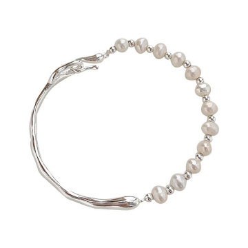Customizable Freshwater Pearl Bracelet with Baroque Rectangular Design and 925 Sterling Silver Chain