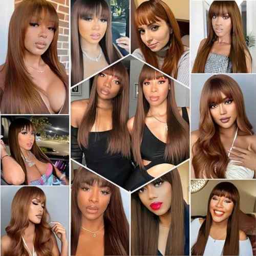 Chocolate Brown Straight Human Hair Wigs with Bangs