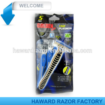 straight razor with triple blade , lubricant strip , rubber handle , pivoting head