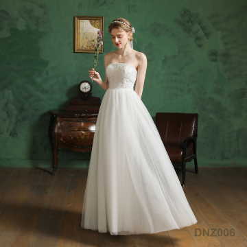 New Bride Married Sweetheart Lace Flower Puff Sleeves Long Wedding Gowns