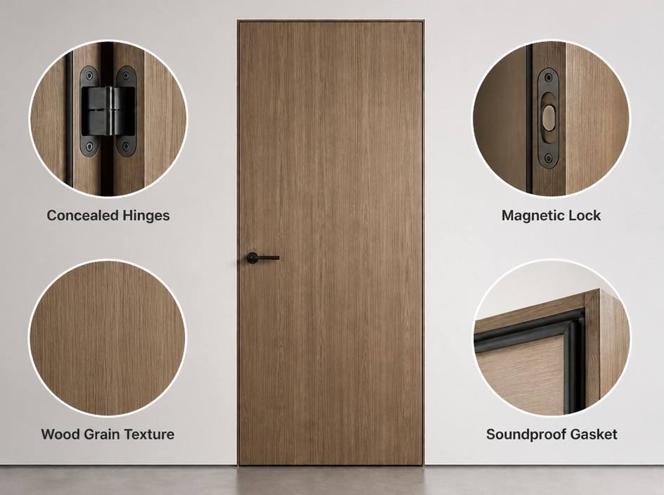 Modern Acoustic Invisible Wooden Door Flush to Wall