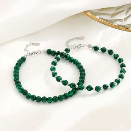 S925 Sterling Silver Malachite Silver Bead Niche Bracelet