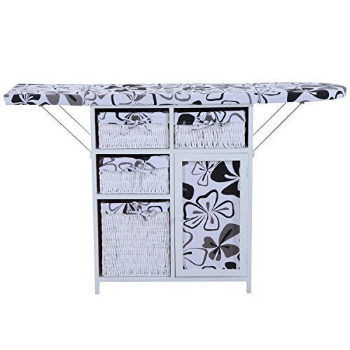 White/Black Wood Wicker Ironing Board with cabinet