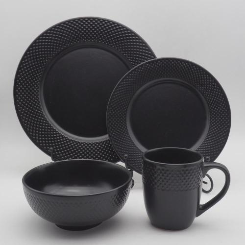 16 -stks zwart in reliëf diner set/keramisch steengoed servies