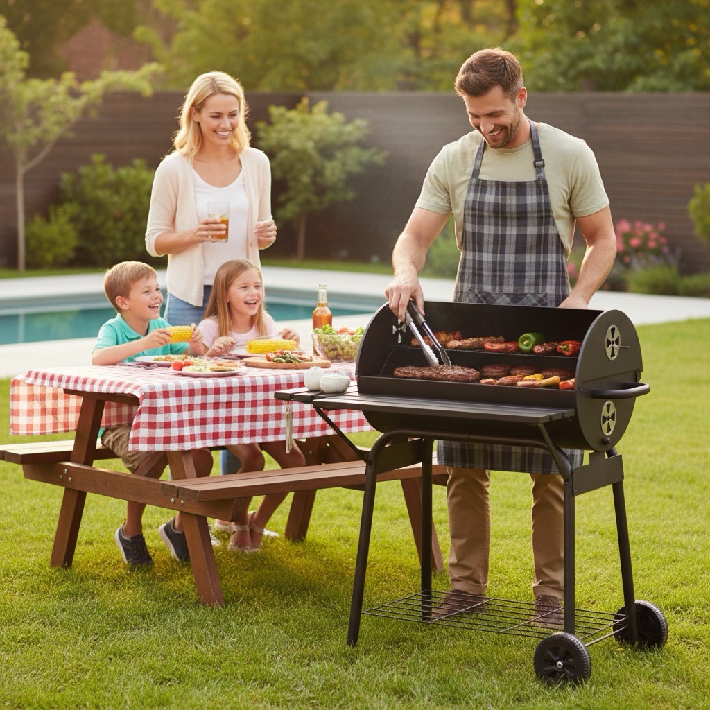 Portable barrel charcoal grill