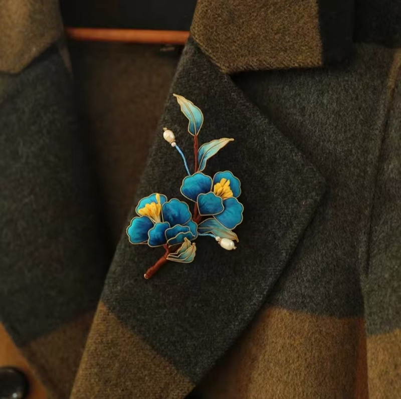 Blue national style peony velvet flower brooch