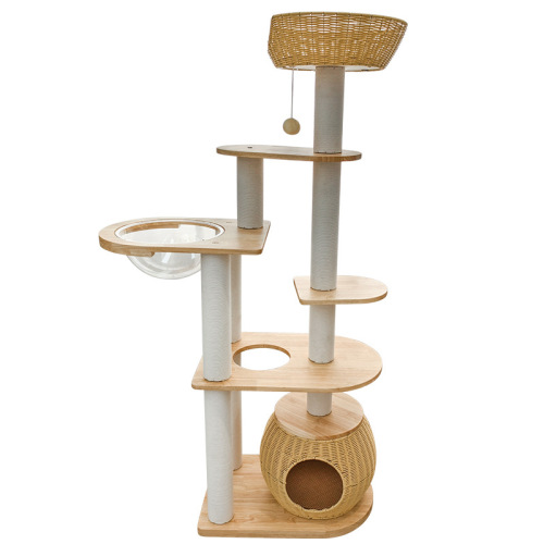 Solid Wood Rattan Cat Tree with Condo