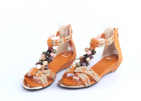 Flat Leather Upper Espadrille Wedge Sandals For Womens / Ladies