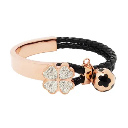 Leather swarovski crystal four leaf clover bracelet
