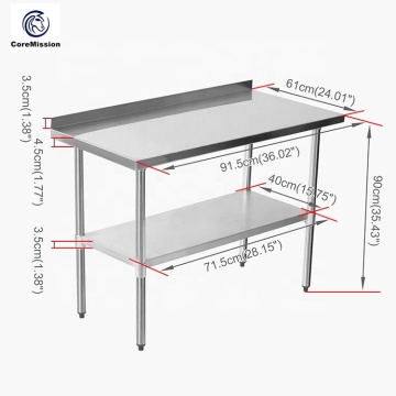 Mesa de trabajo de cocina de acero inoxidable con placa para salpicaduras