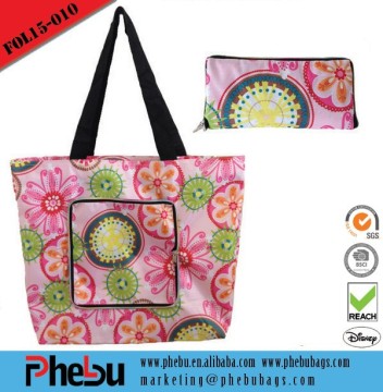 PP handles floral print polyester foldable beach bag wholesale