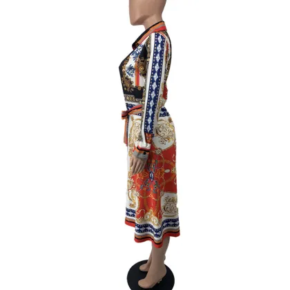 Women's Casual African Long Sleeve Buttons Open Front Belted Long Blouse Shirts Dress Loose Outwear Africa Clothing